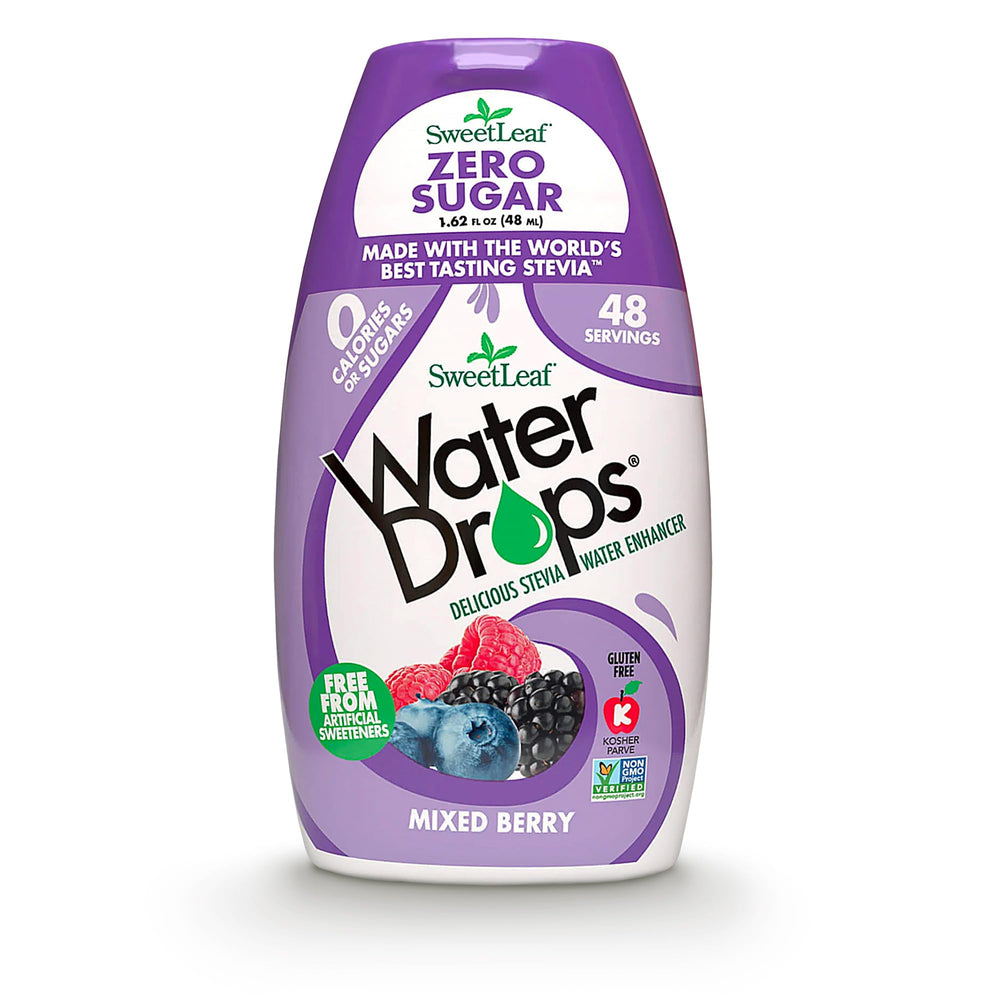 SweetLeaf Water Drops bottle front shows mixed berry flavor boost