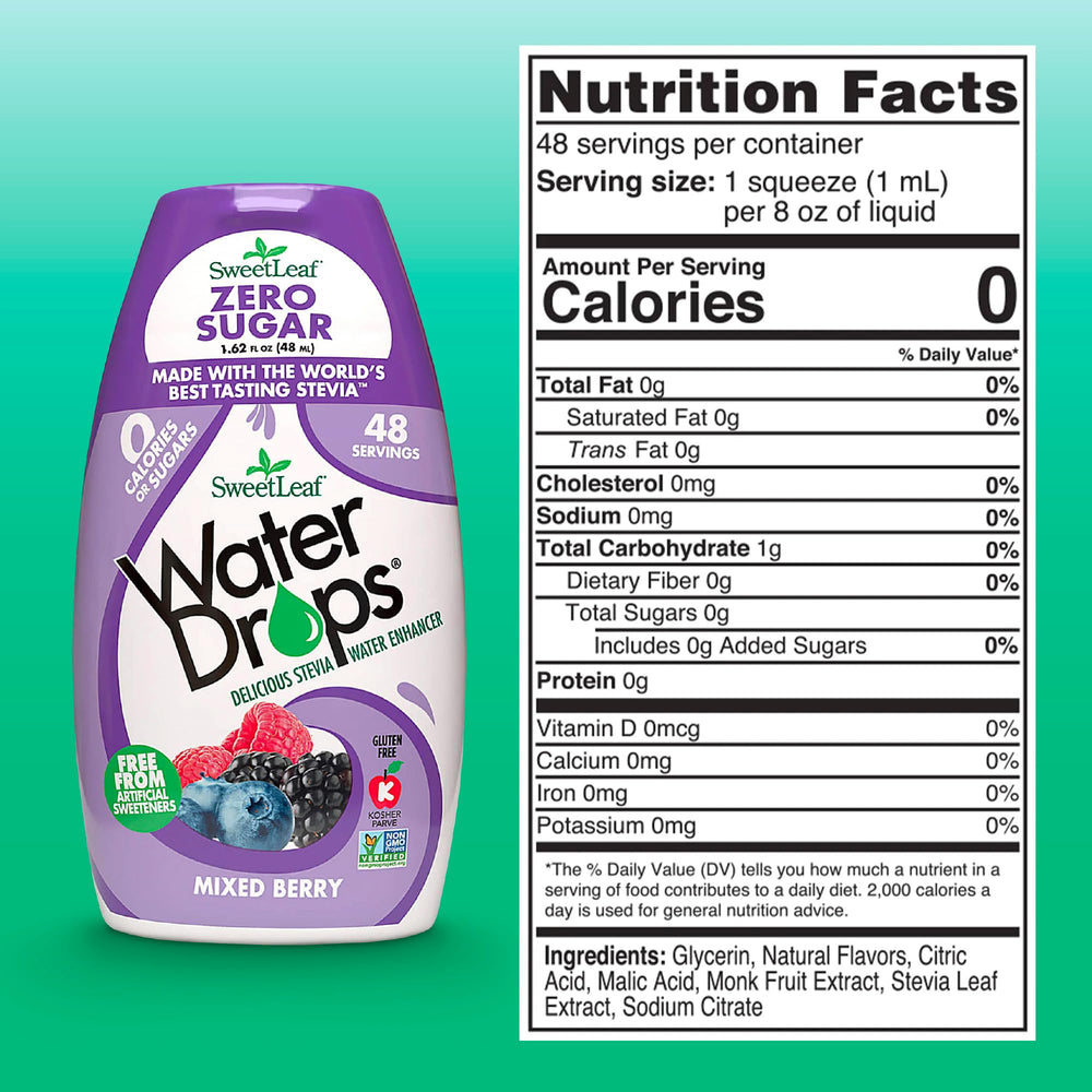 SweetLeaf Water Drops label close-up highlights stevia and monk fruit