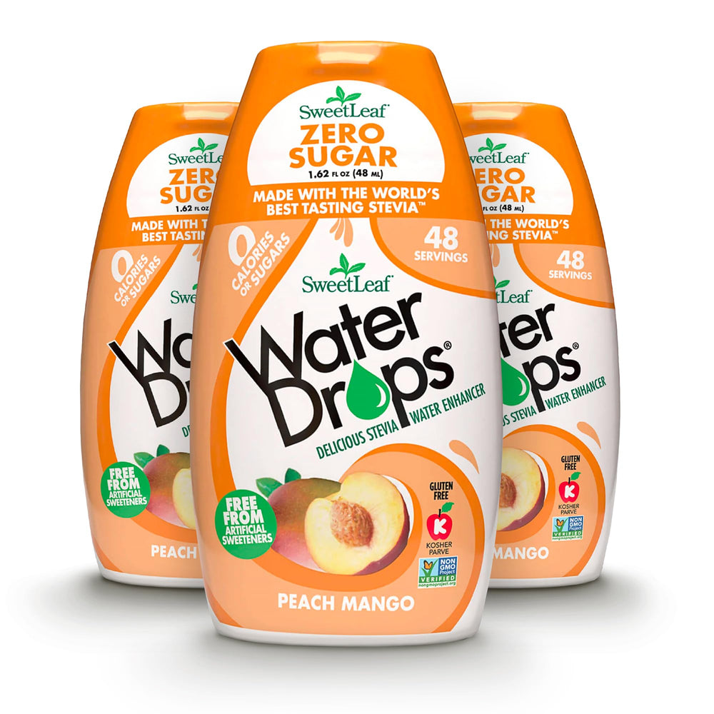 SweetLeaf Water Drops Peach Mango bottle showing a sugar-free flavor for hydration.