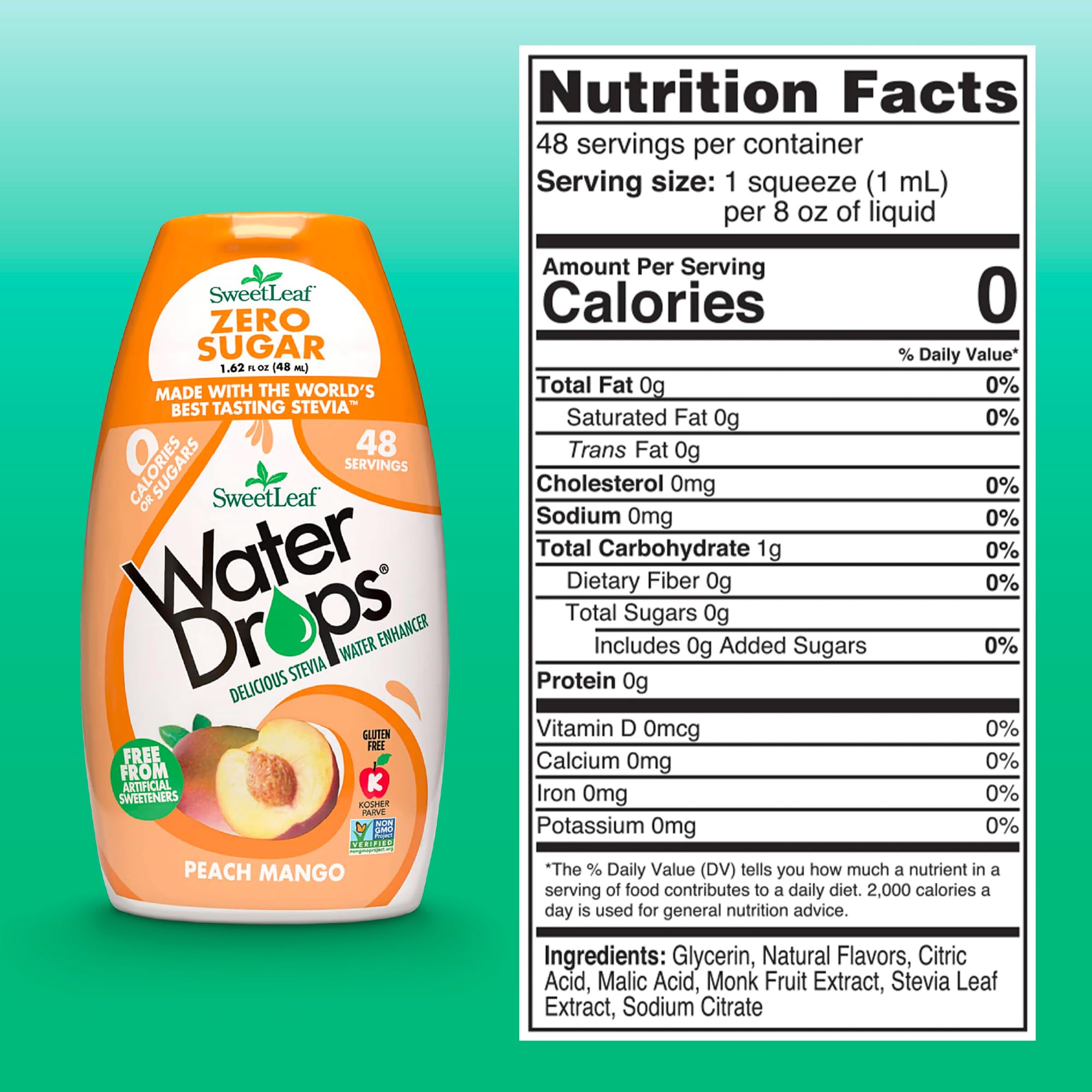 SweetLeaf Water Drops Peach Mango being poured for a quick flavor boost.
