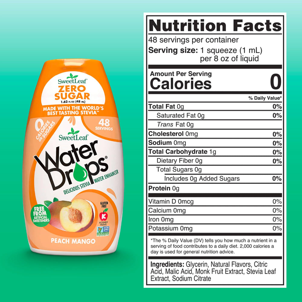SweetLeaf Water Drops Peach Mango being poured for a quick flavor boost.