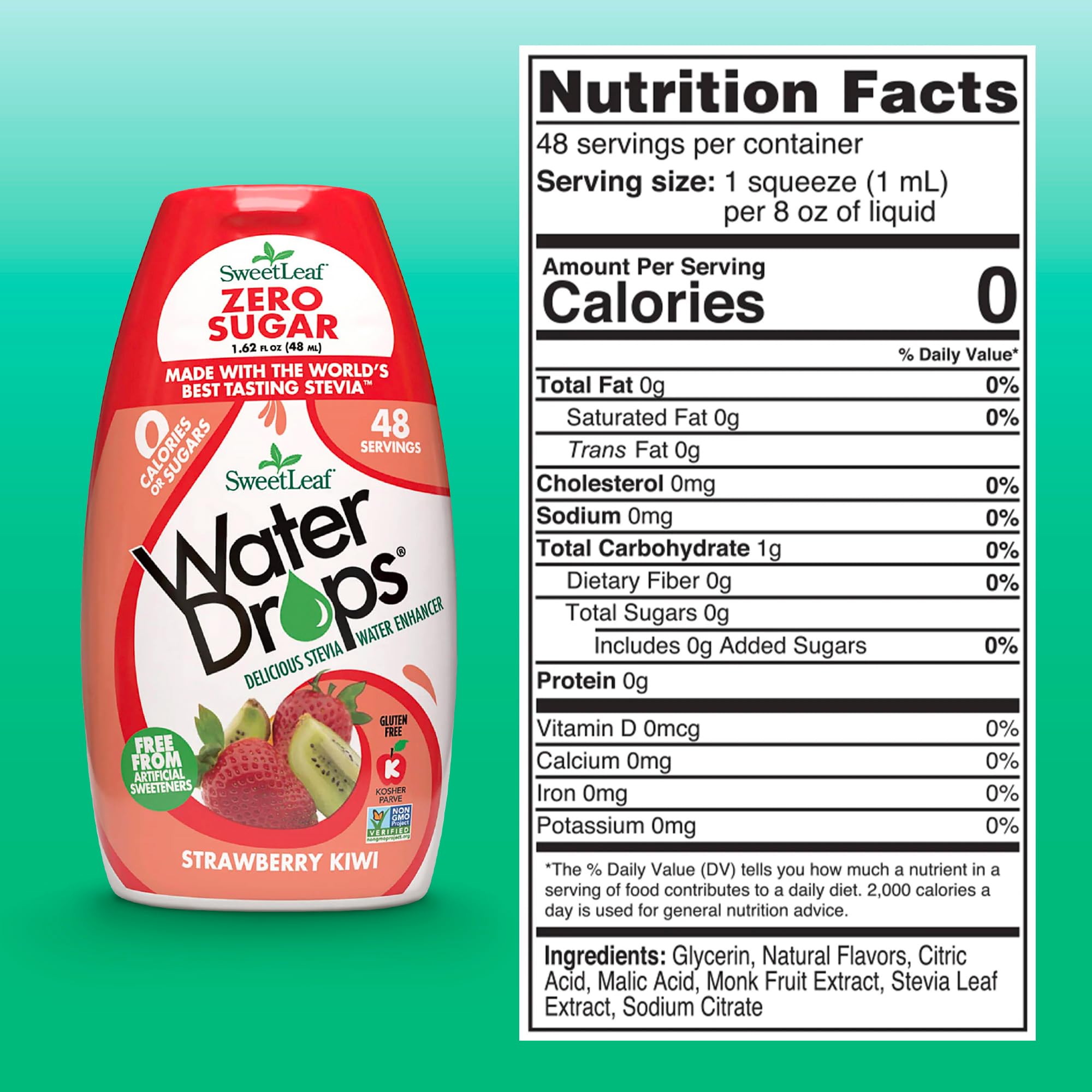 SweetLeaf Water Drops strawberry kiwi being poured for quick flavor boost.