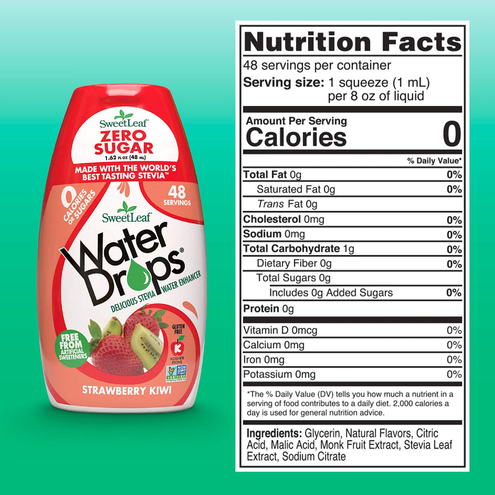 SweetLeaf Water Drops strawberry kiwi being poured for quick flavor boost.