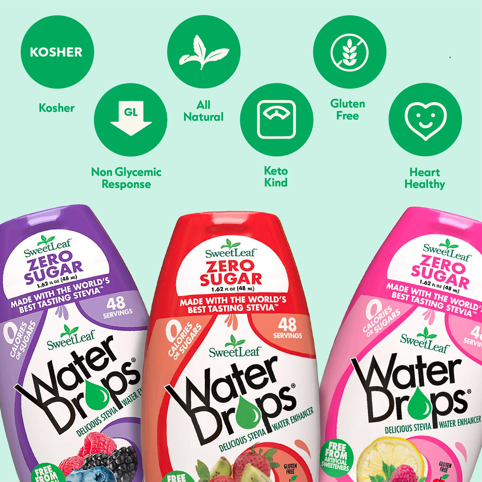 SweetLeaf Water Drops sugar-free label emphasizing zero calories per serving.