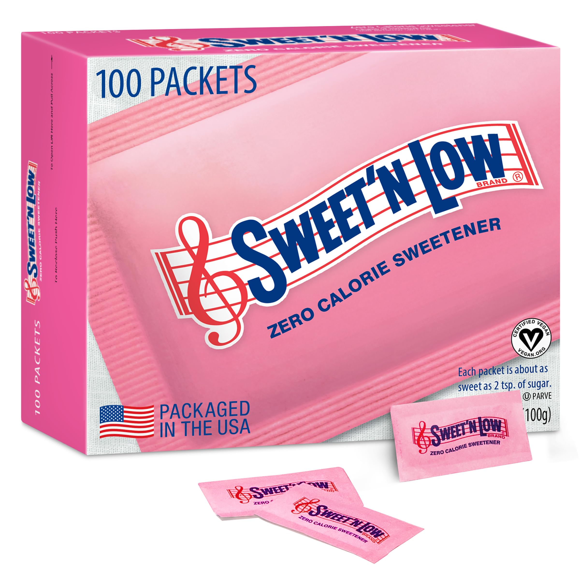 Sweet'N Low zero calorie packets in a 100-count box for beverages