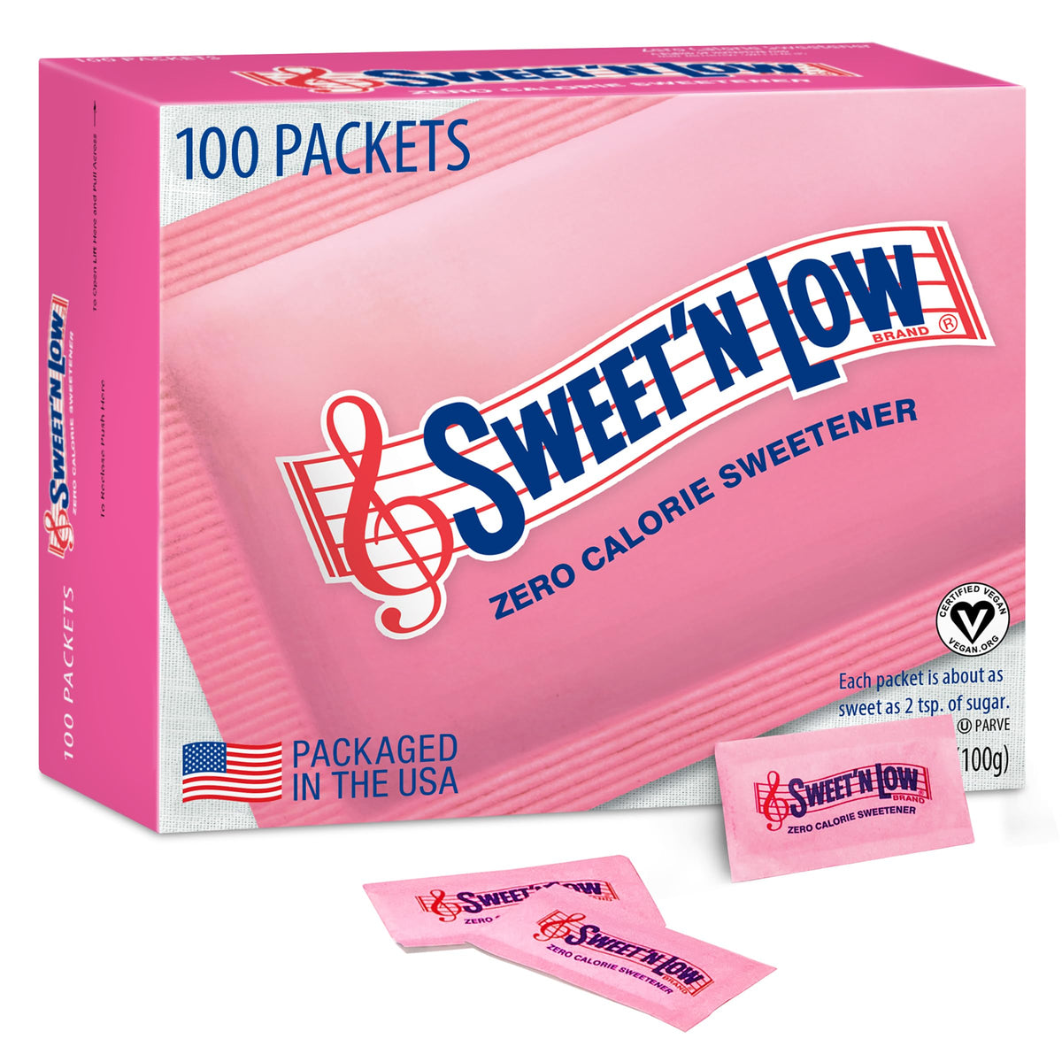 Sweet'N Low zero calorie packets in a 100-count box for beverages