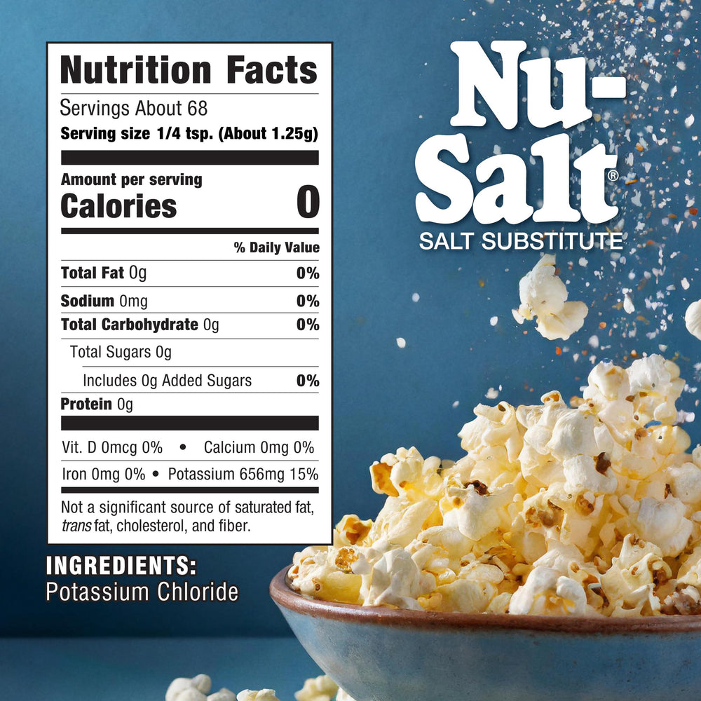 Sweet'N Low Nu Salt bottle front, highlighting a potassium chloride salt substitute.