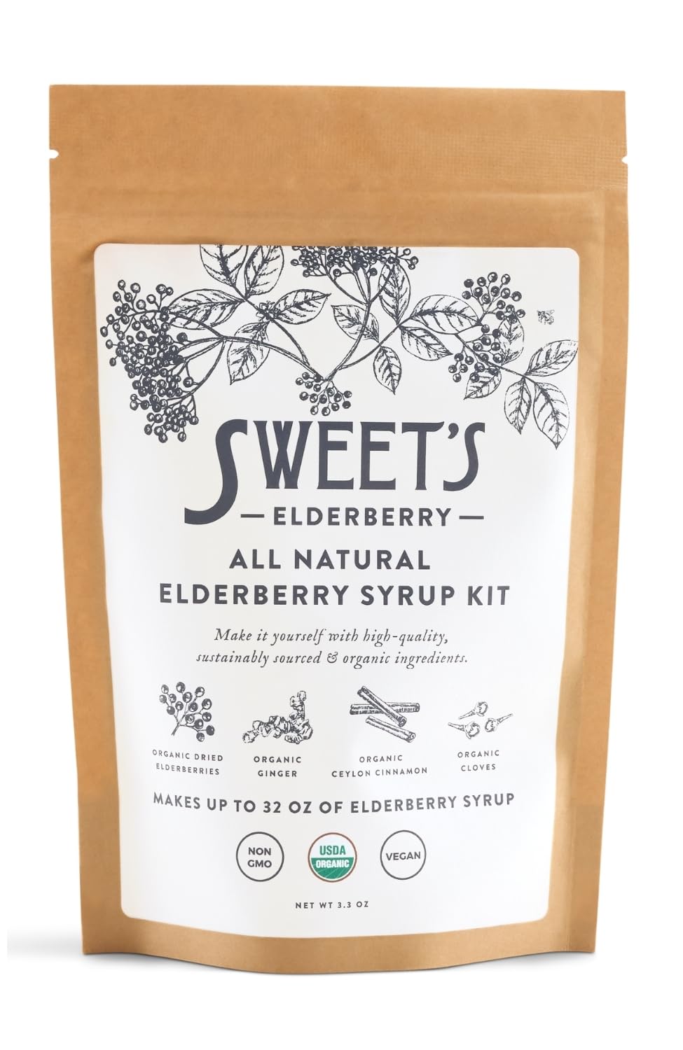 Sweet's Elderberry DIY Syrup Kit packaging with organic ingredients for a convenient immune-support routine.