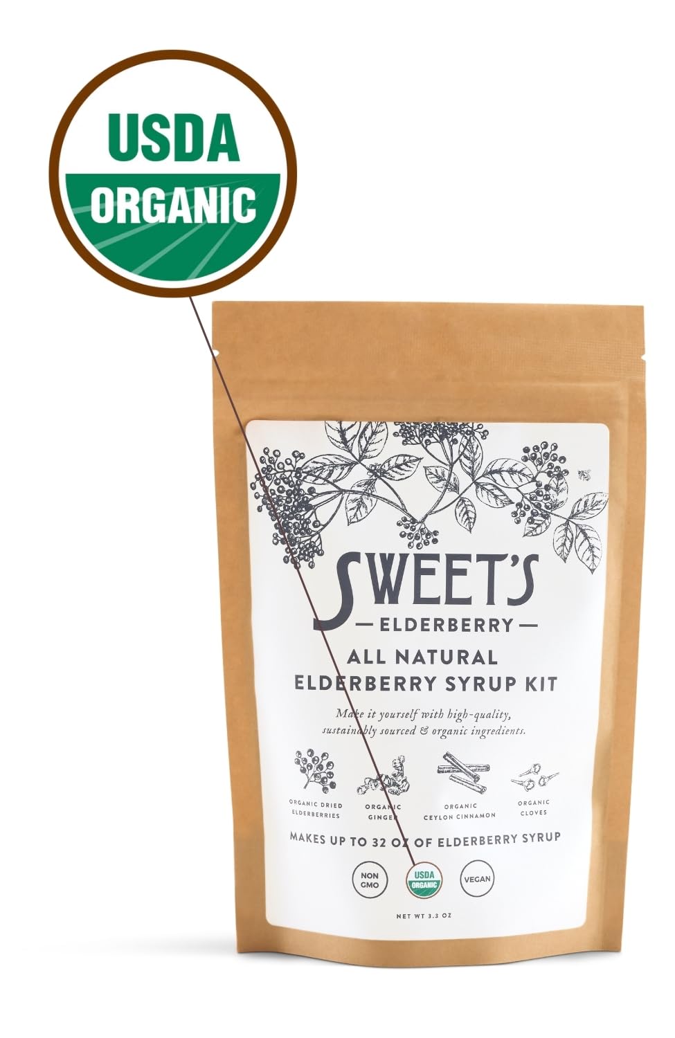 Sweet's Elderberry DIY Syrup Kit spice blend highlights cinnamon, clove, and ginger flavor.