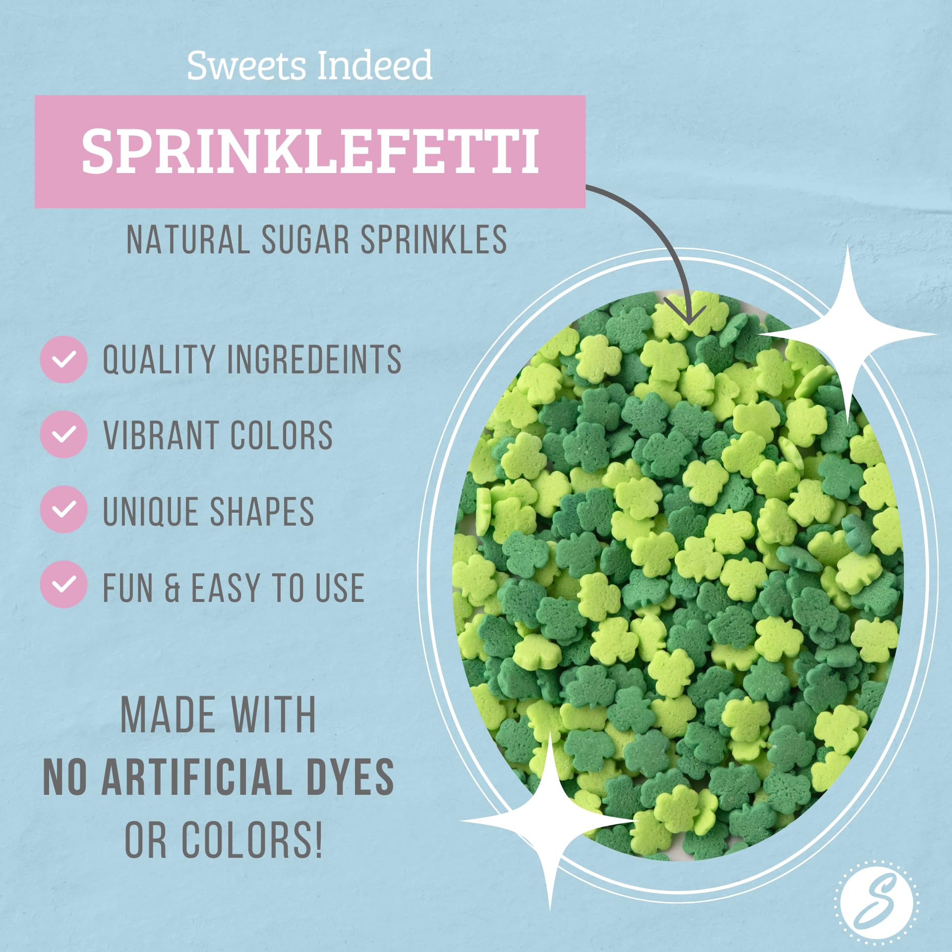 Sweets Indeed clover sprinkles decorate cakes with green clovers for St. Patrick's Day.
