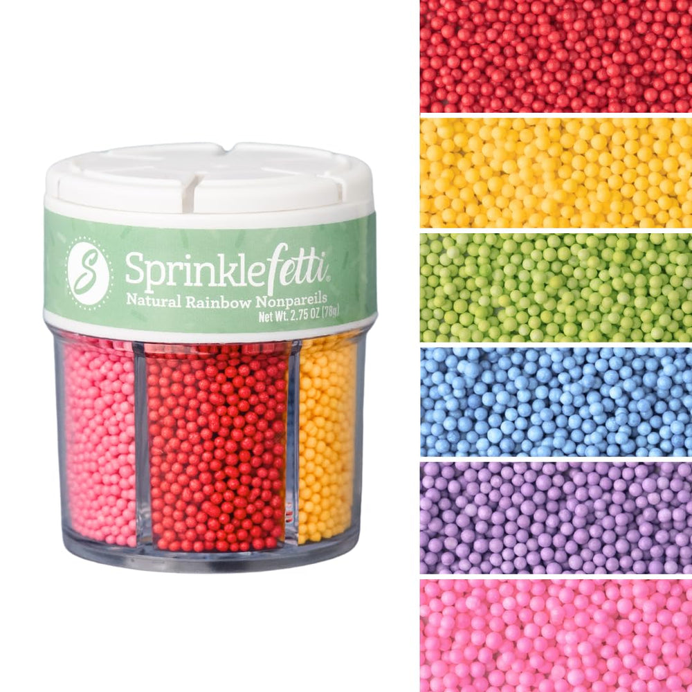 Sweets Indeed rainbow nonpareils six-cell set in packaging for easy decorating inspiration.