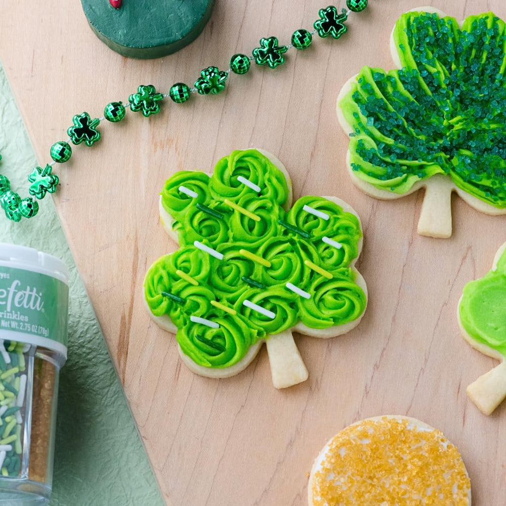 Sweets Indeed 2.75-ounce jar of St Patrick's Day sprinkles for tidy decorating.