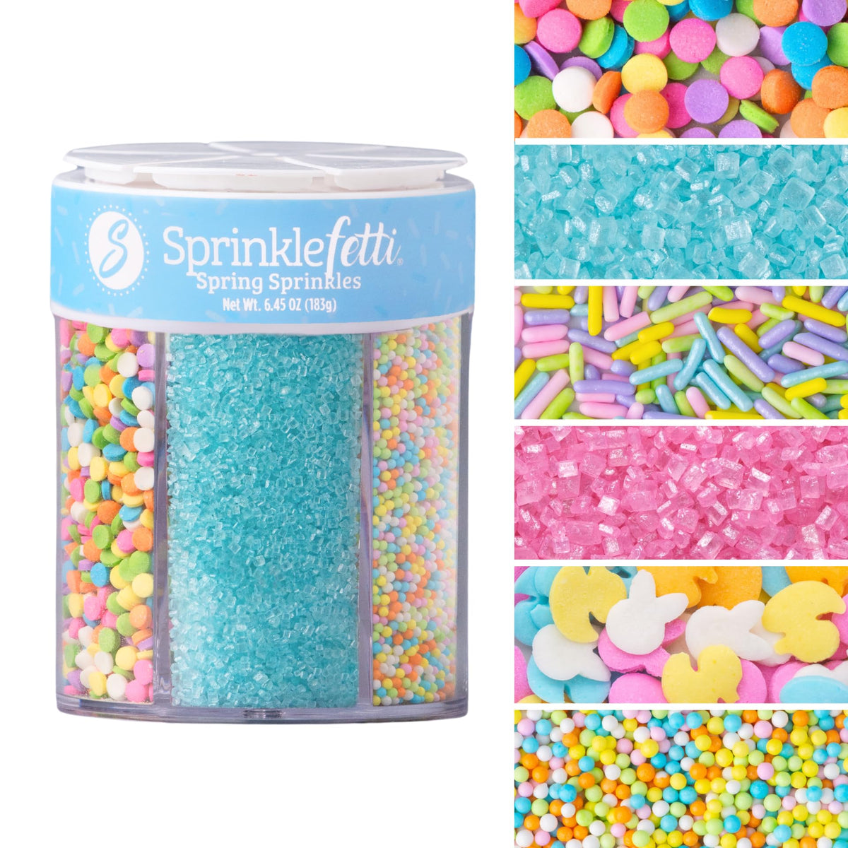 Sweets Indeed Easter 6-Cell Sprinkle Set displayed, ideal for festive cake decorating.