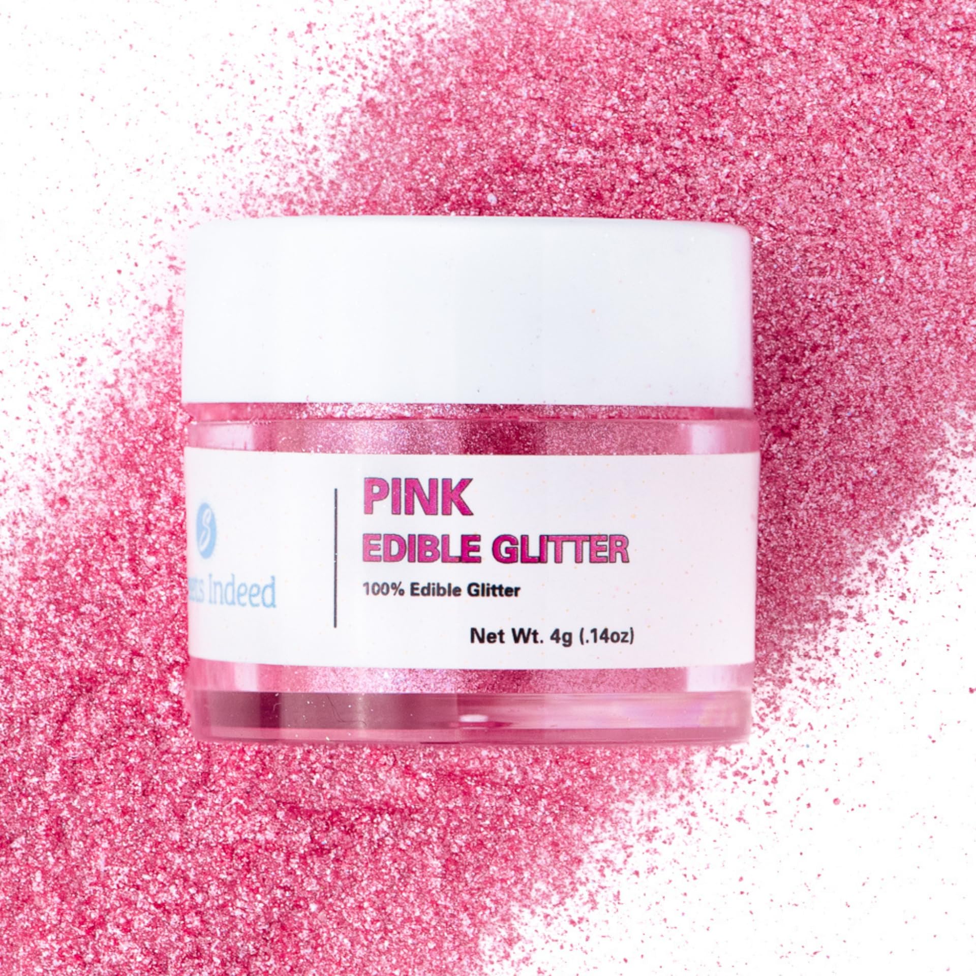Sweets Indeed hot pink edible glitter jar adds bold sparkle to drinks and desserts.