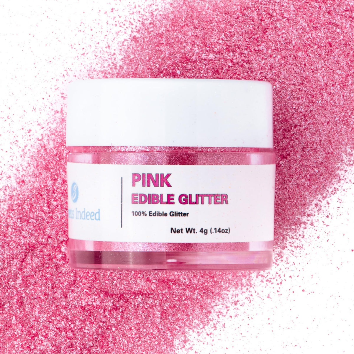Sweets Indeed hot pink edible glitter jar adds bold sparkle to drinks and desserts.