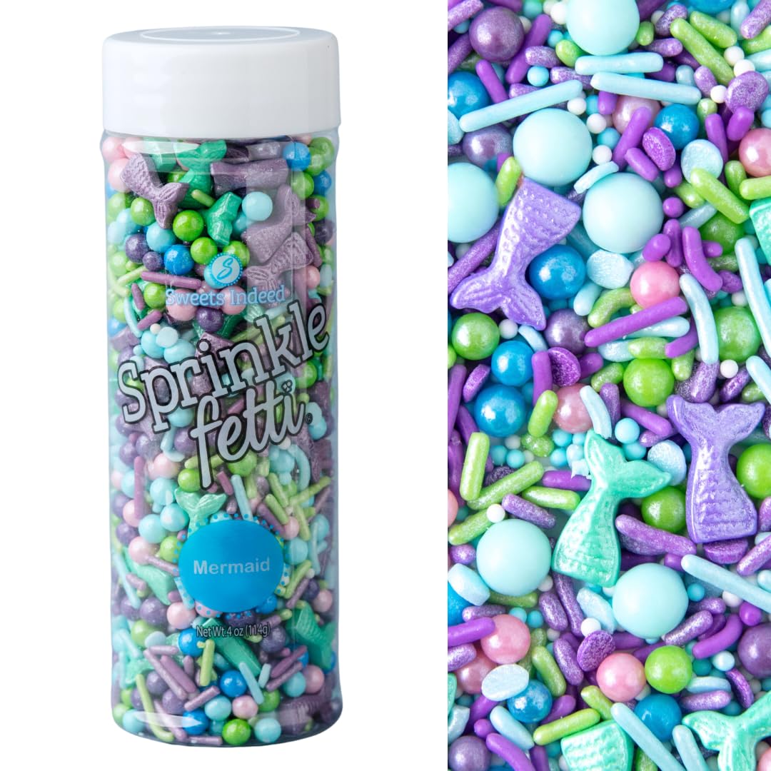 Sweets Indeed Mermaid Sprinkles in a reusable jar for easy storage and fresh color.