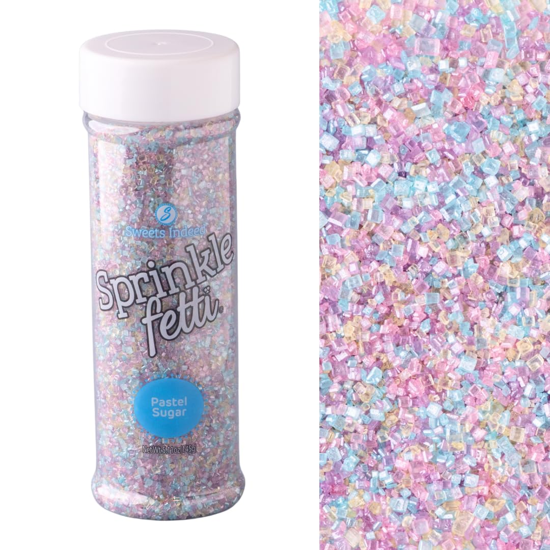 Sweets Indeed pastel sugar bottle closeup shows vibrant sprinkles for cake decorating.
