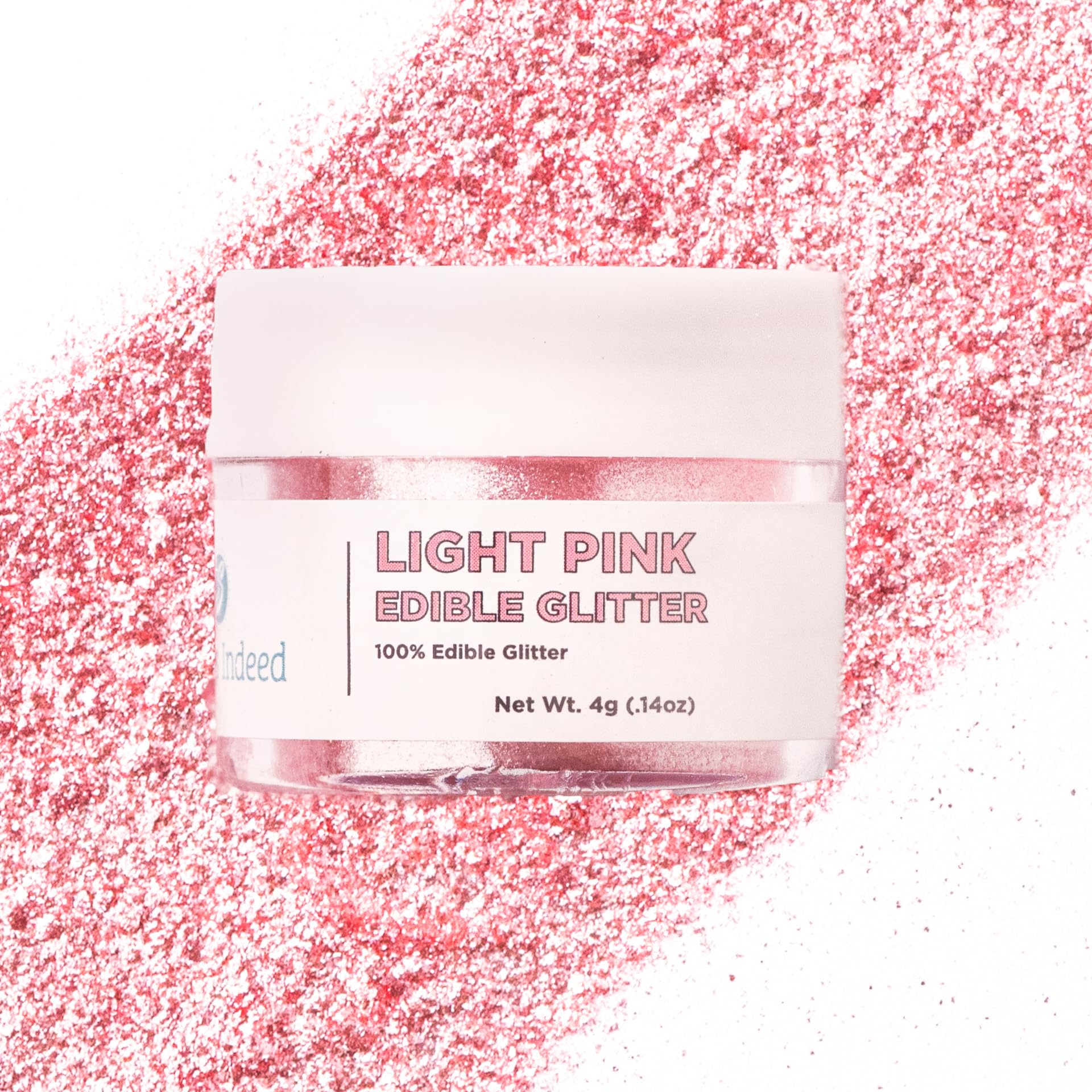 Sweets Indeed Pink Edible Glitter jar close-up showing edible sparkle for drinks and desserts.