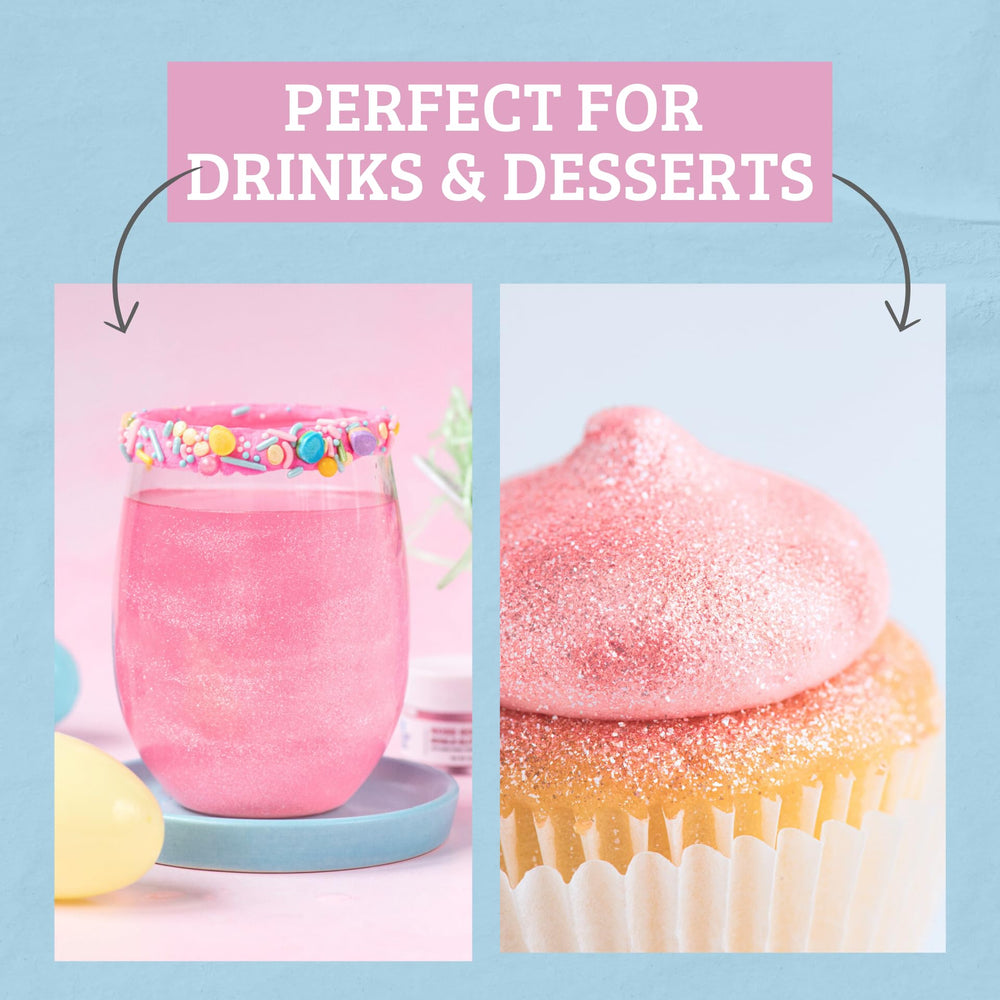 Sweets Indeed Pink Edible Glitter on a cupcake for eye-catching shimmer without altering taste.