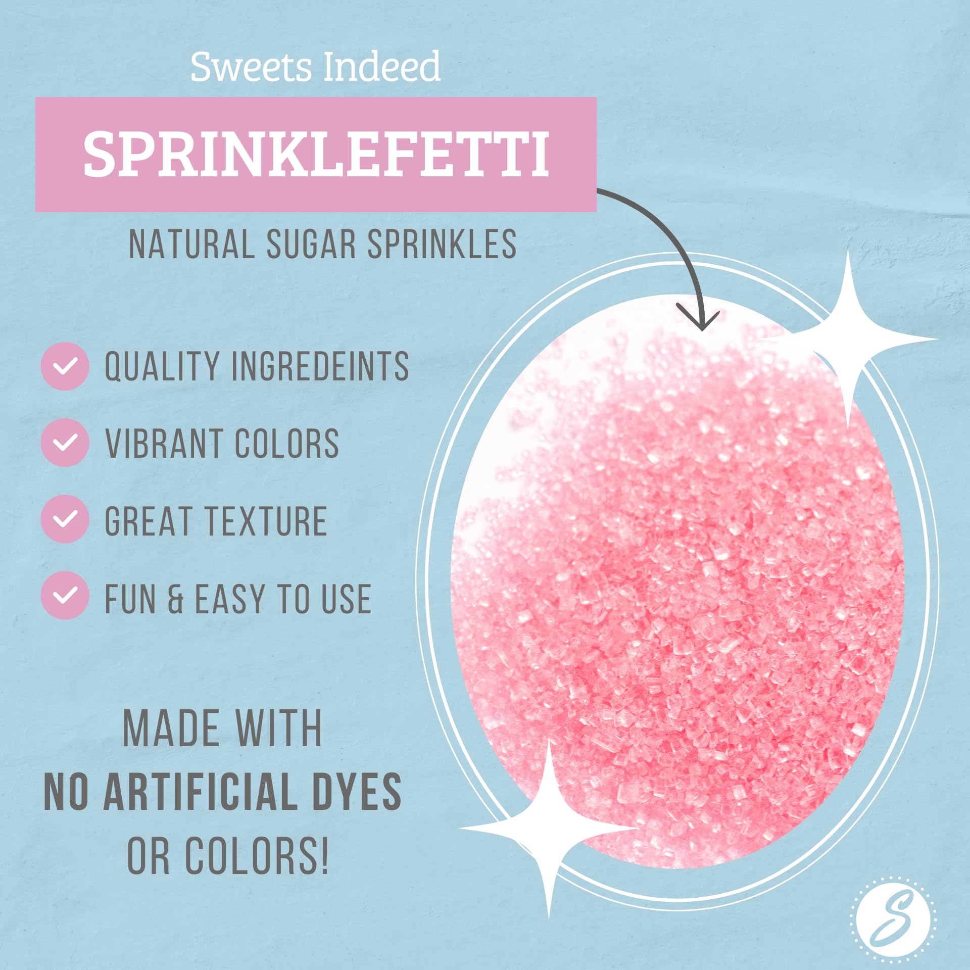 Sweets Indeed pink sanding sugar on cake frosting with fine crystals