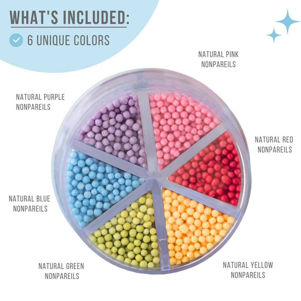 Sweets Indeed rainbow nonpareils color swatches with red, yellow, green, blue, purple, and pink for playful decorating.
