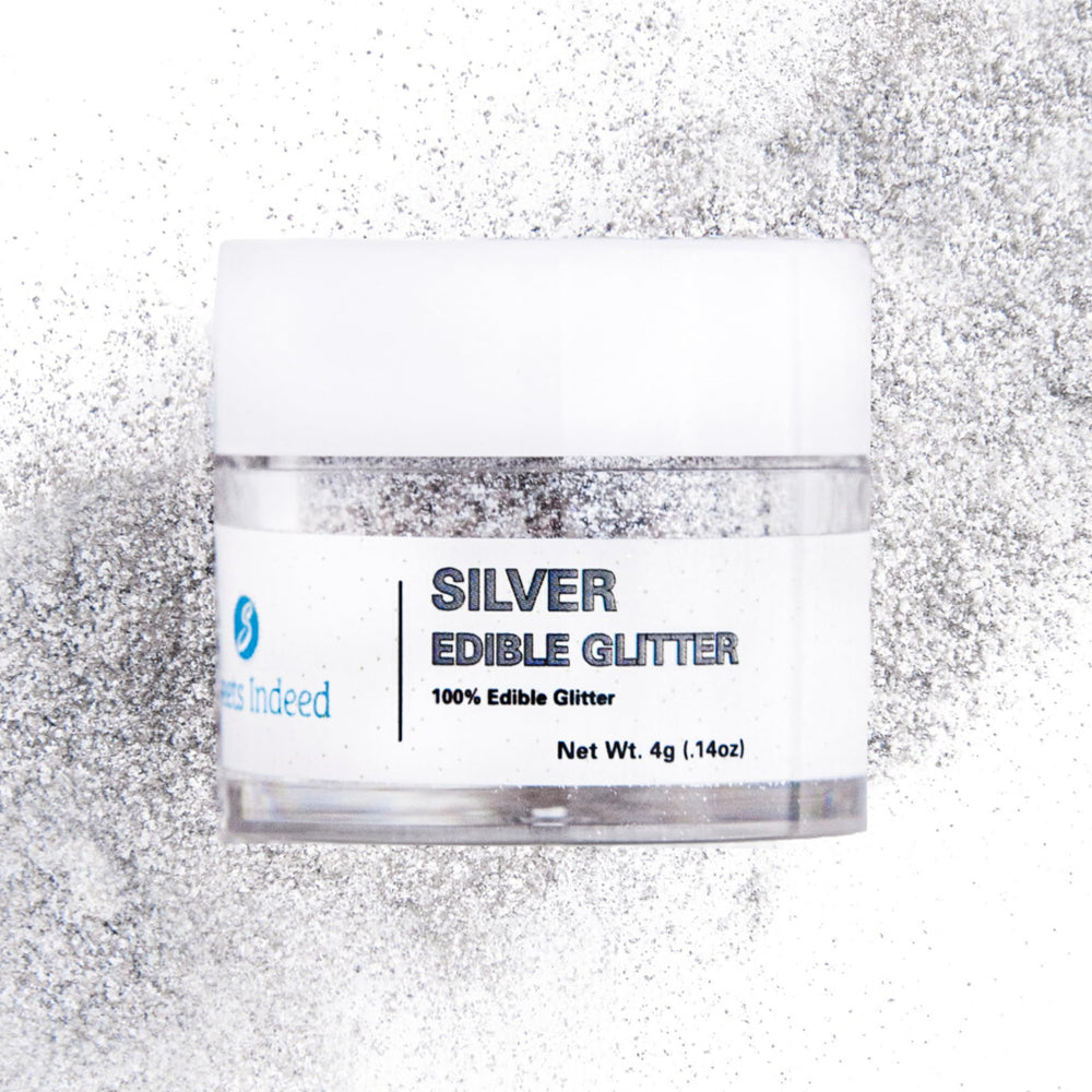 Sweets Indeed silver edible glitter bottle pour adds sparkle to beverages without changing flavor.