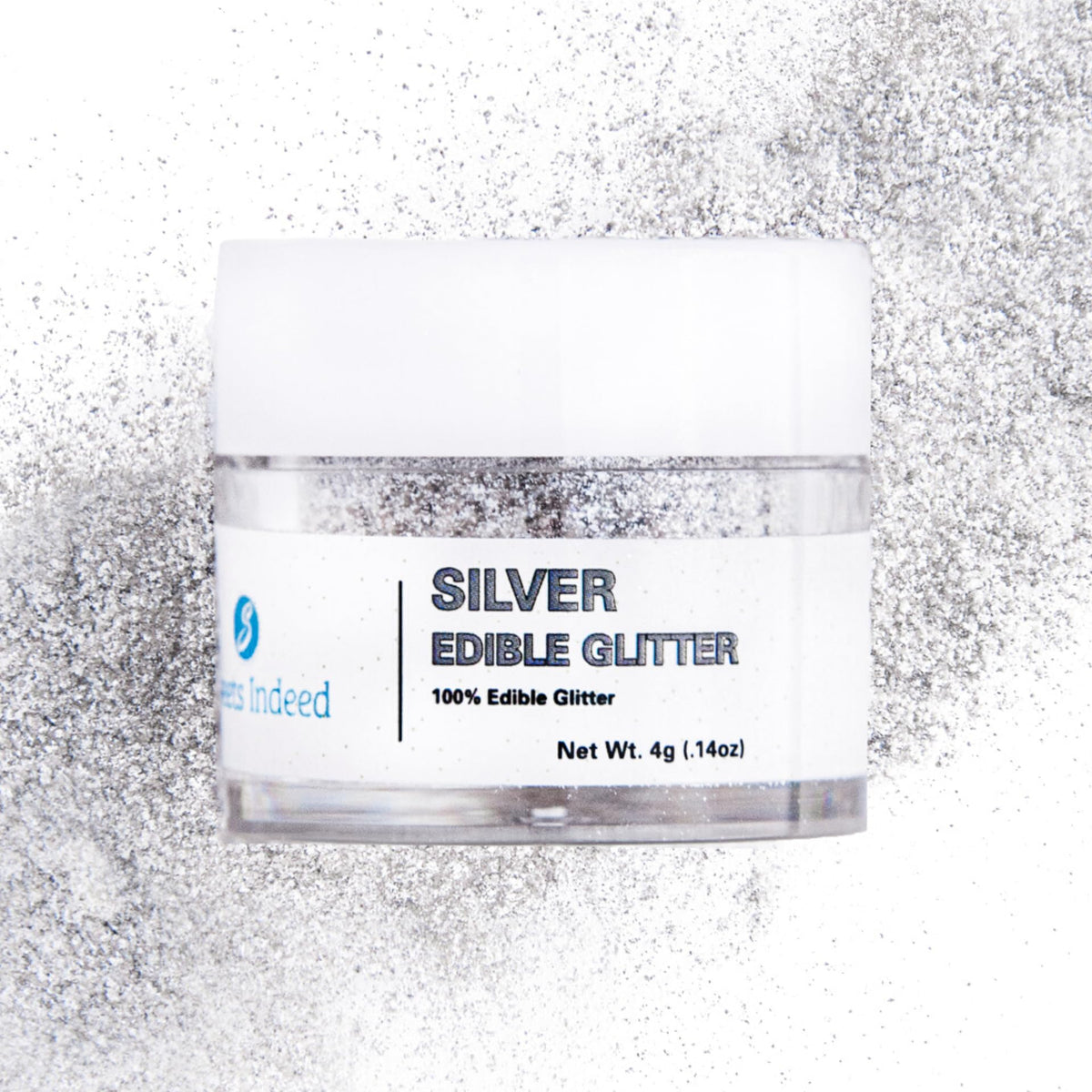 Sweets Indeed silver edible glitter bottle pour adds sparkle to beverages without changing flavor.