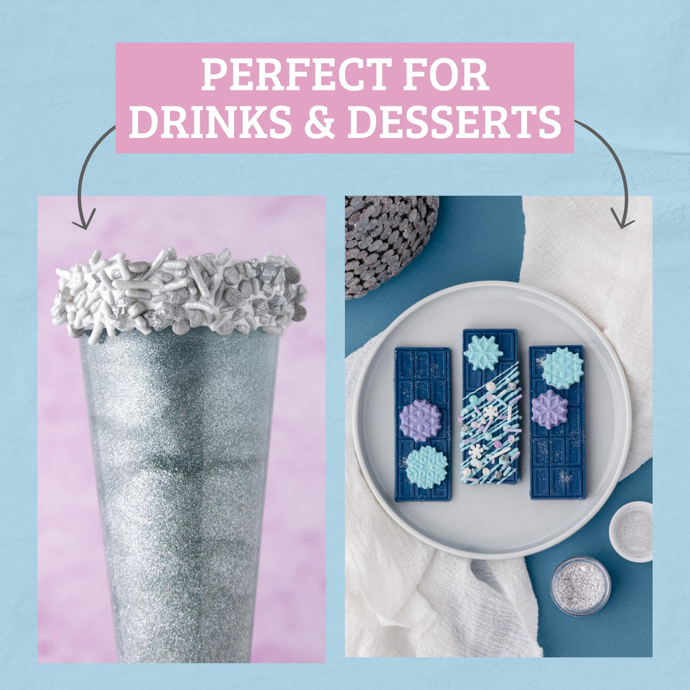 Sweets Indeed silver edible glitter decorates a cake with festive sparkle.
