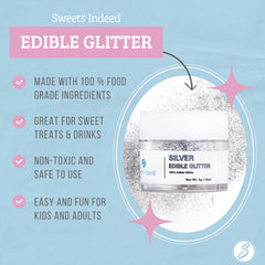 Sweets Indeed silver edible glitter on a cocktail glass enhances the drink's visual appeal.
