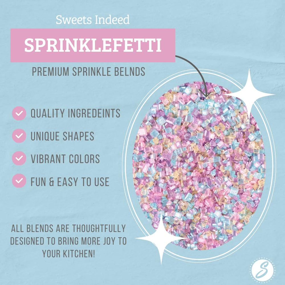 Sweets Indeed sprinkle mix closeup highlights candy-like texture for colorful cupcakes.