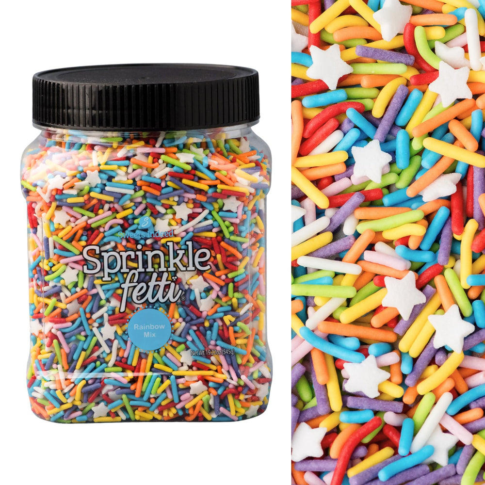 Sweets Indeed Rainbow Jimmies on a cake for vibrant color.