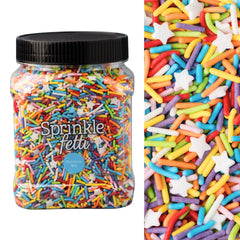 Sweets Indeed Rainbow Jimmies on a cake for vibrant color.