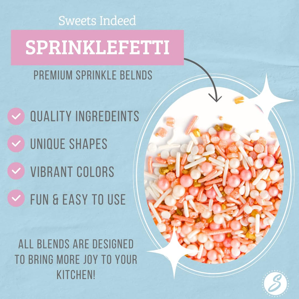 Sweets Indeed Peach Rose Gold sprinkles poured onto a frosted cake for festive color.