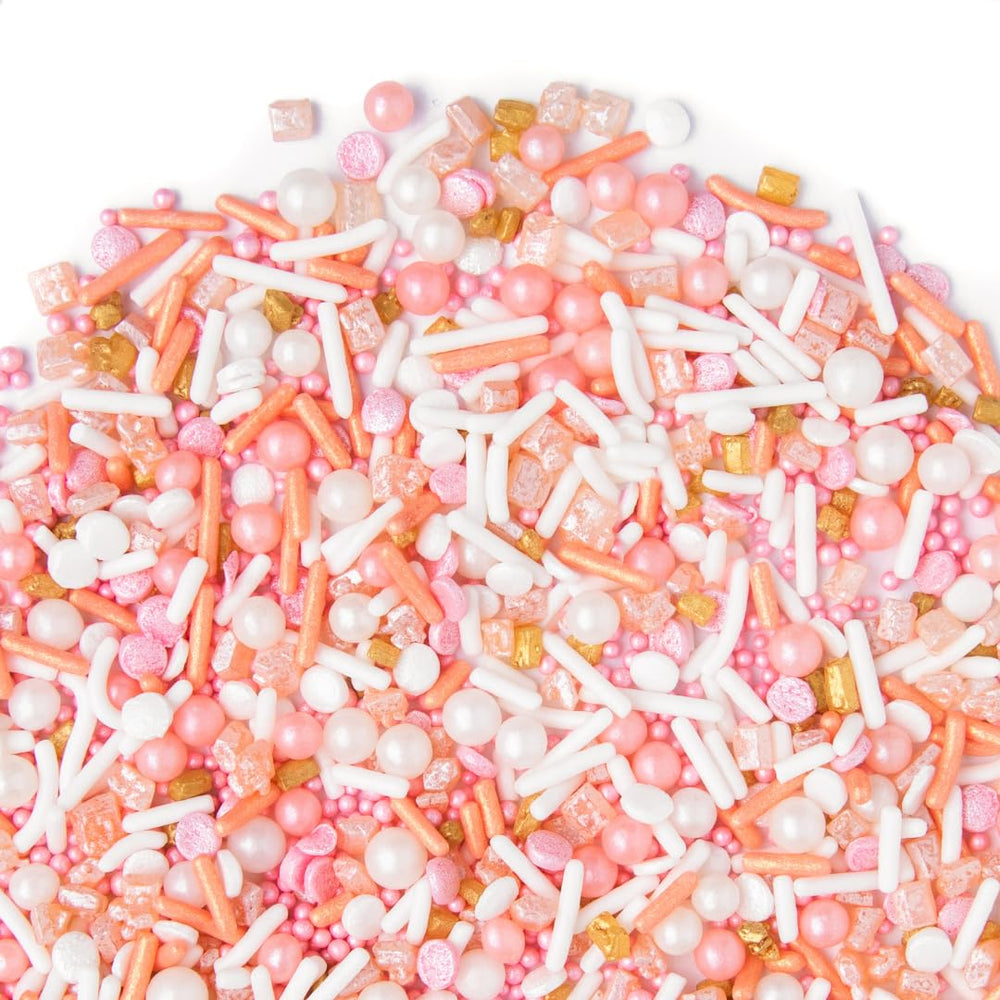 Sweets Indeed Peach Rose Gold jar packaging keeps sprinkles fresh during transit.