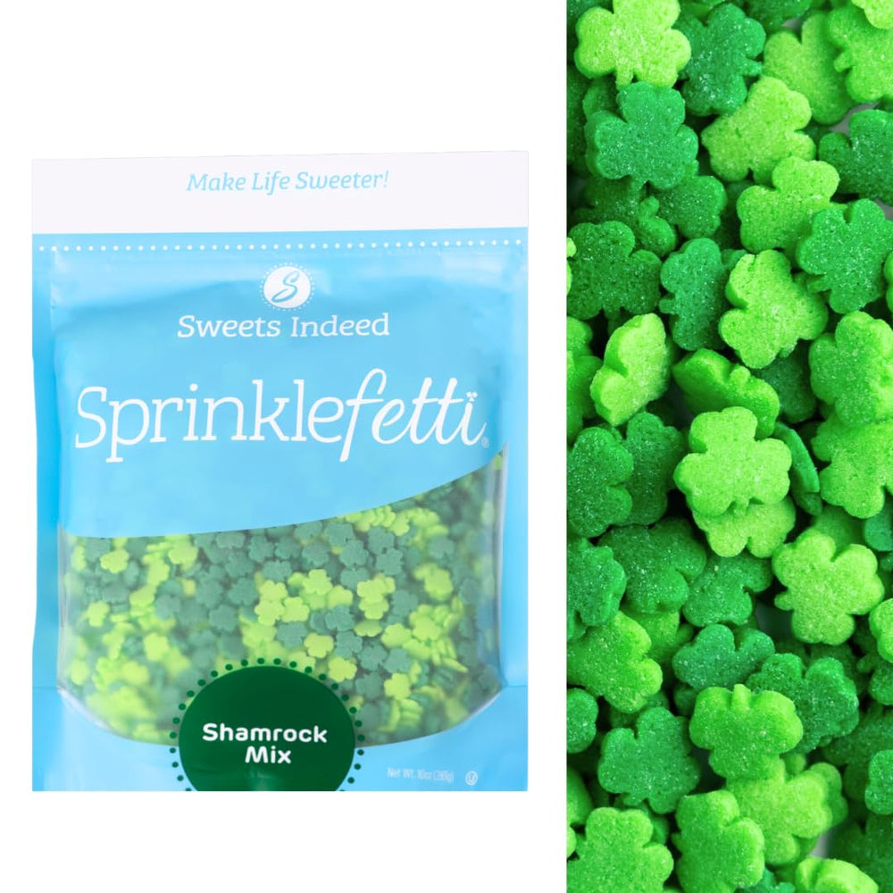 Sweets Indeed St Patrick's Day shamrock sprinkles close-up for festive baking decorations.