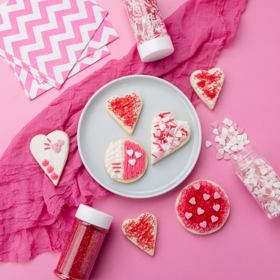 Sweets Indeed Valentines dye-free sprinkles trio arranged on cake for cohesive decor