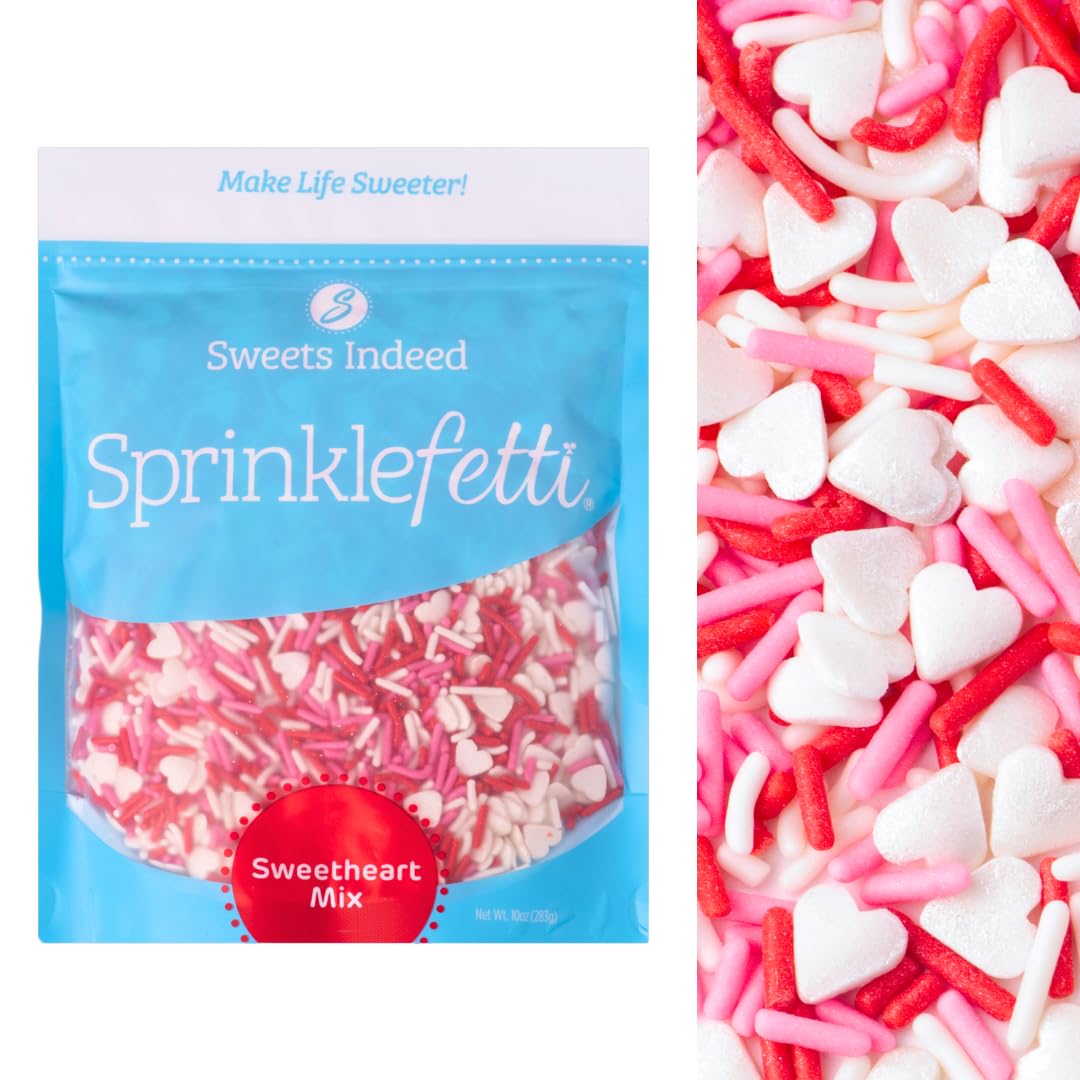 Sweets Indeed Valentines sprinkles with hearts add festive color to cupcakes and cookies.