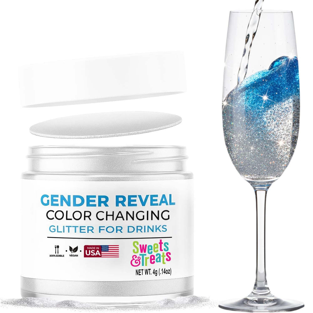 Sweets & Treats Boutique blue edible glitter for drinks reveals gender when added to a clear liquid