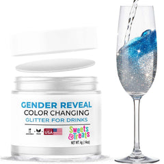 Sweets & Treats Boutique blue edible glitter for drinks reveals gender when added to a clear liquid
