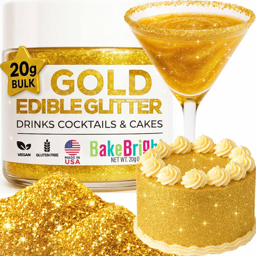 Sweets & Treats Boutique gold edible glitter for drinks adds shimmering luxury to cocktails.