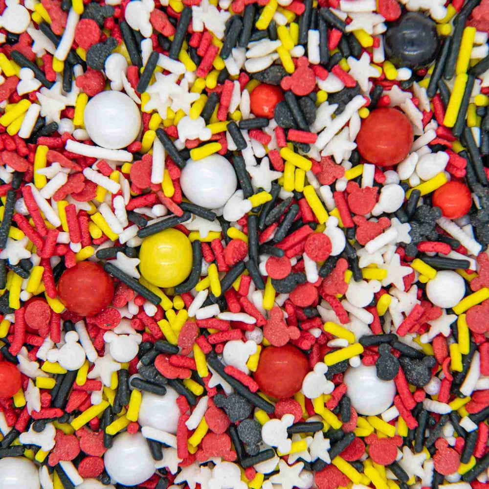 Sweets & Treats Boutique Mickey Sprinkles bottle close-up for colorful cake decorating.