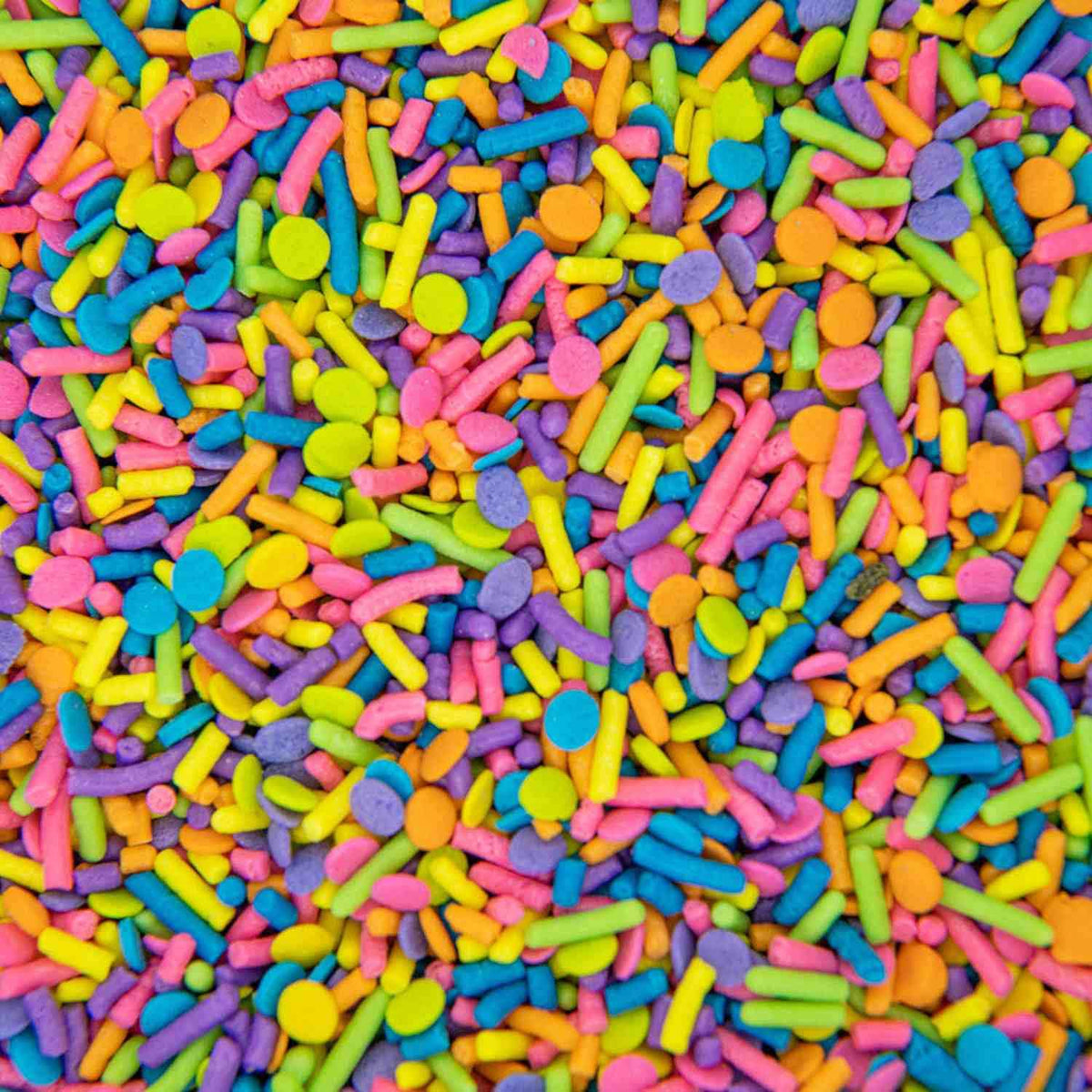 Sweets & Treats Boutique neon confetti sprinkles brighten cupcakes with bold color.