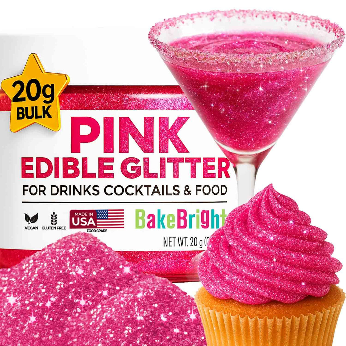 Sweets & Treats Boutique pink glitter for drinks adds shimmering sparkle.
