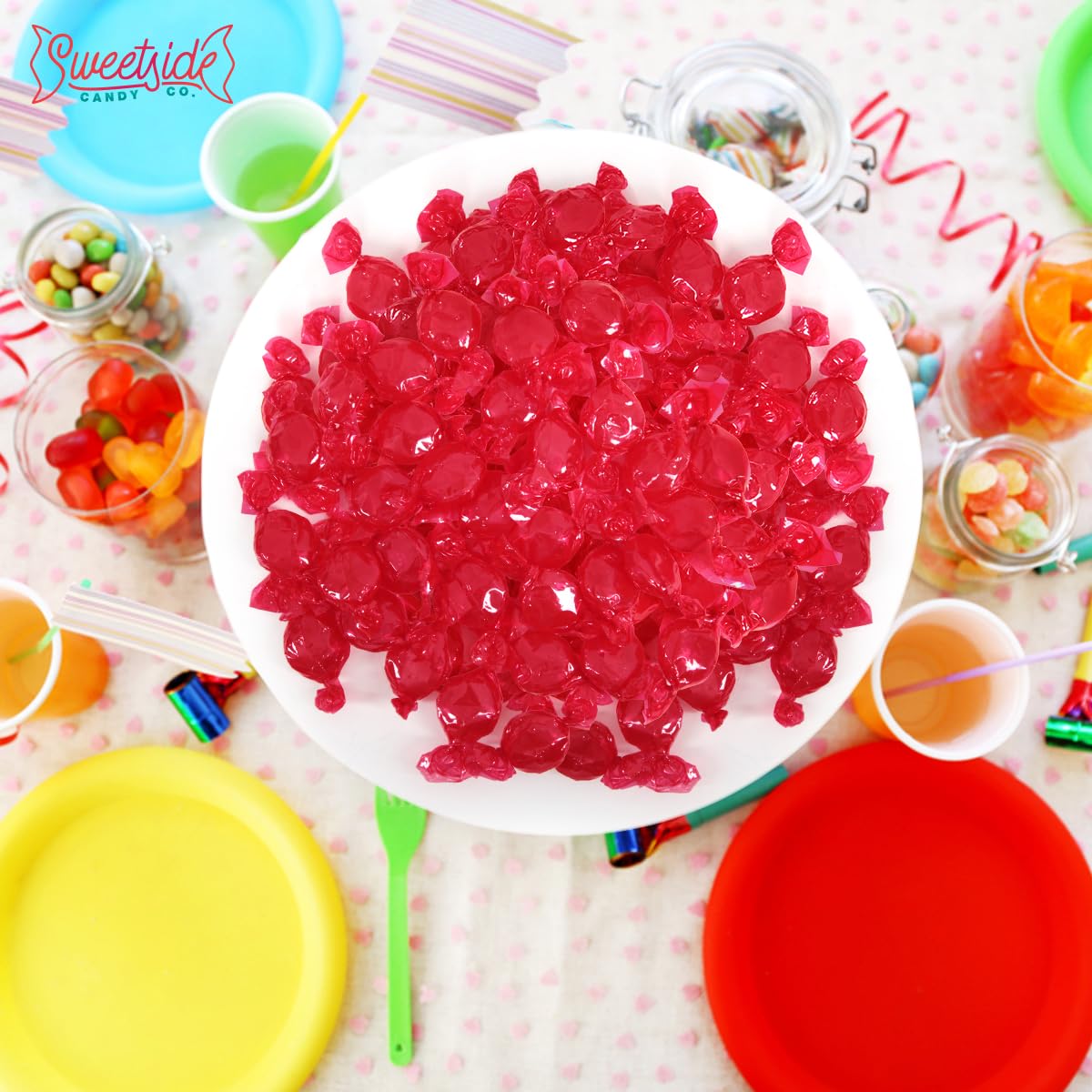 SWEETSIDE CANDY CO. Cinnamon Discs table display inviting guests to snack
