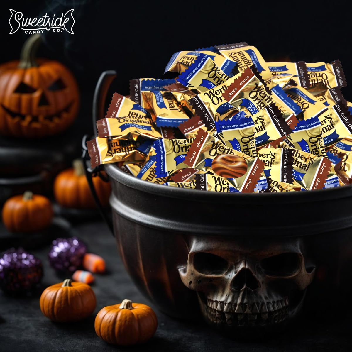 Office desk setup with Werther's sugar-free candy.