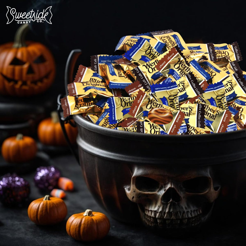Office desk setup with Werther's sugar-free candy.