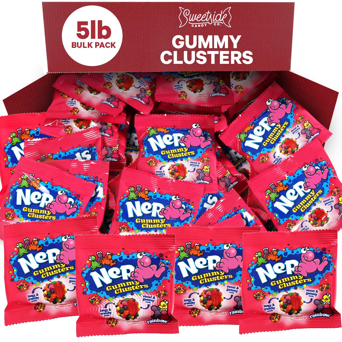 SWEETSIDE Gummy Clusters 5lb bulk pack on display for parties and gatherings.