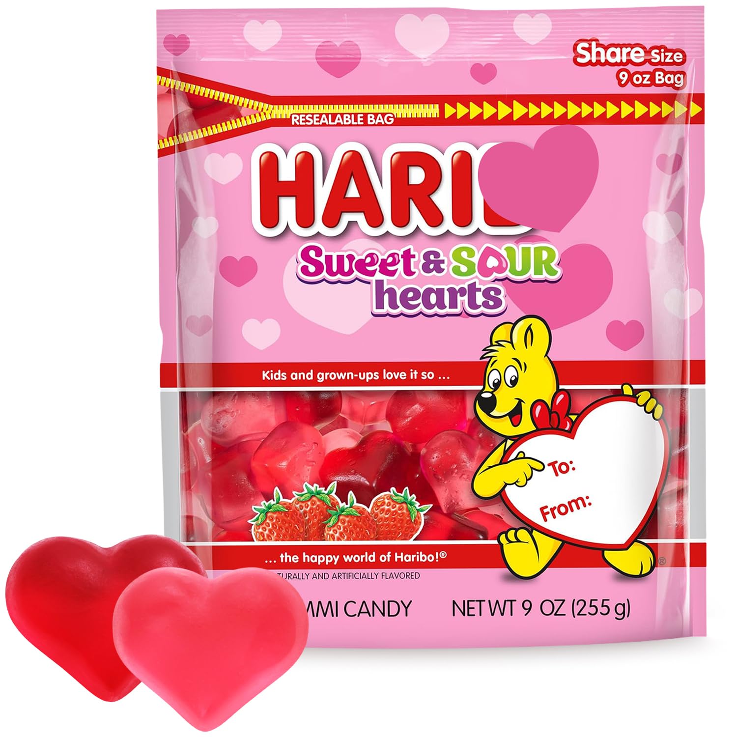 SWEETSIDE gummy hearts 9oz bag for classroom treats.