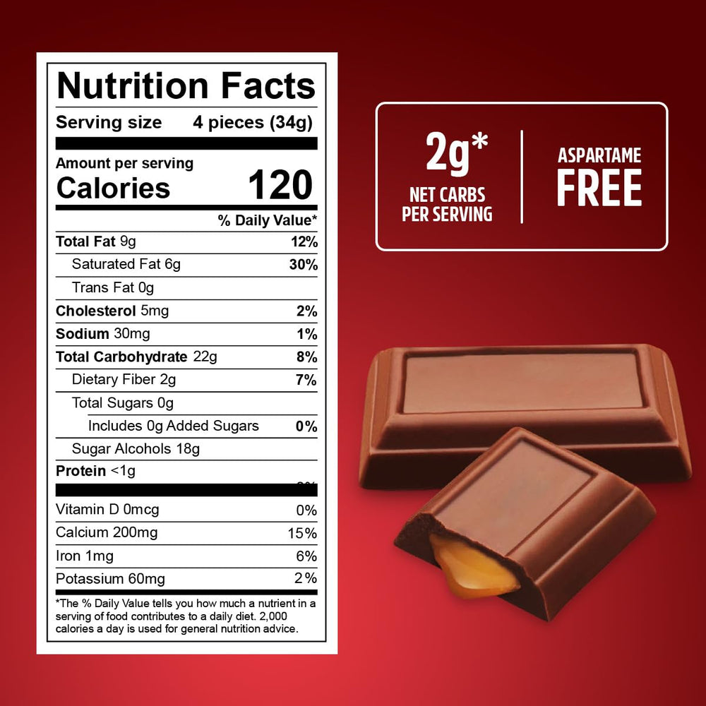 SWEETSIDE Zero Sugar Caramel-Filled chocolate closeup highlights creamy texture with caramel center.