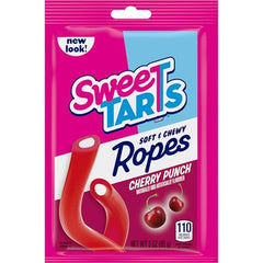 Unwrapped SweeTARTS Cherry Punch Rope reveals vibrant candy with tart bite.